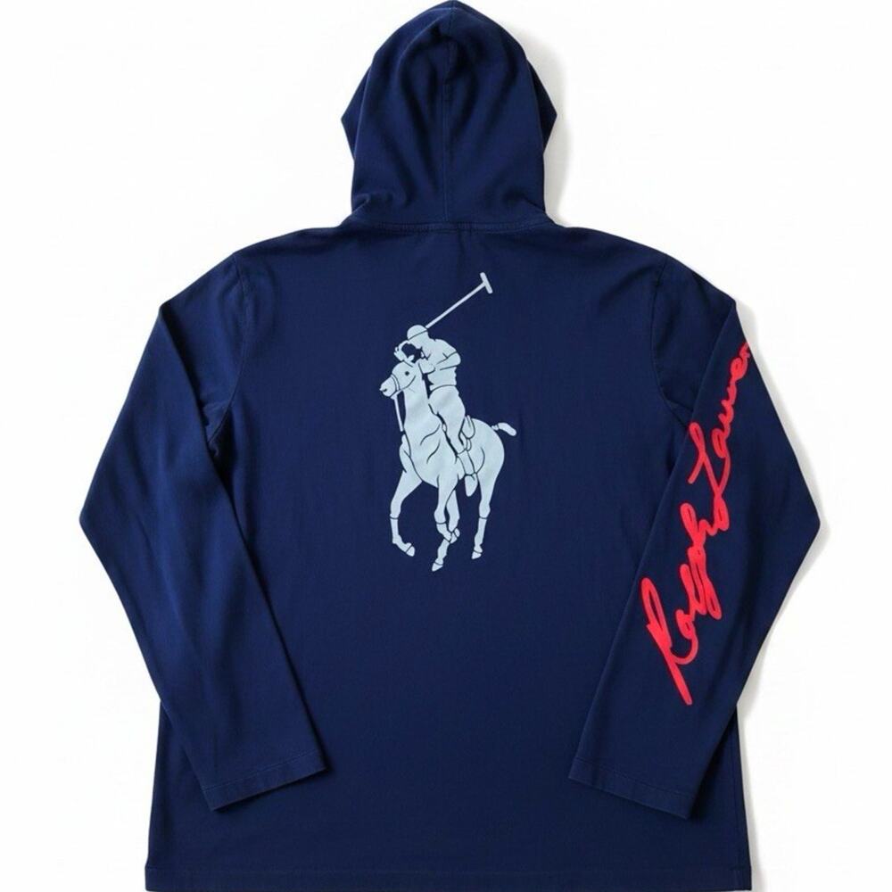 Polo Ralph Lauren Hoodie Shirt L Navy Blue Large Pony Print Logo Spellout FLAW